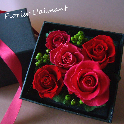 結婚記念日20年目のプレゼントに赤バラのスタイリッシュなプリザーブドフラワーのBOXアレンジ｜レガロ（レッド）
